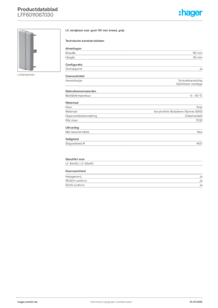 Afbeelding Hager Productdatablad LFF6011067030 | Hager Belgium