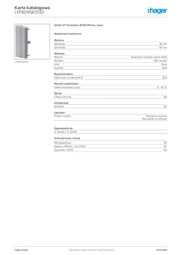 Zdjęcie Hager Karta katalogowa LFF6011067030 | Hager Polska