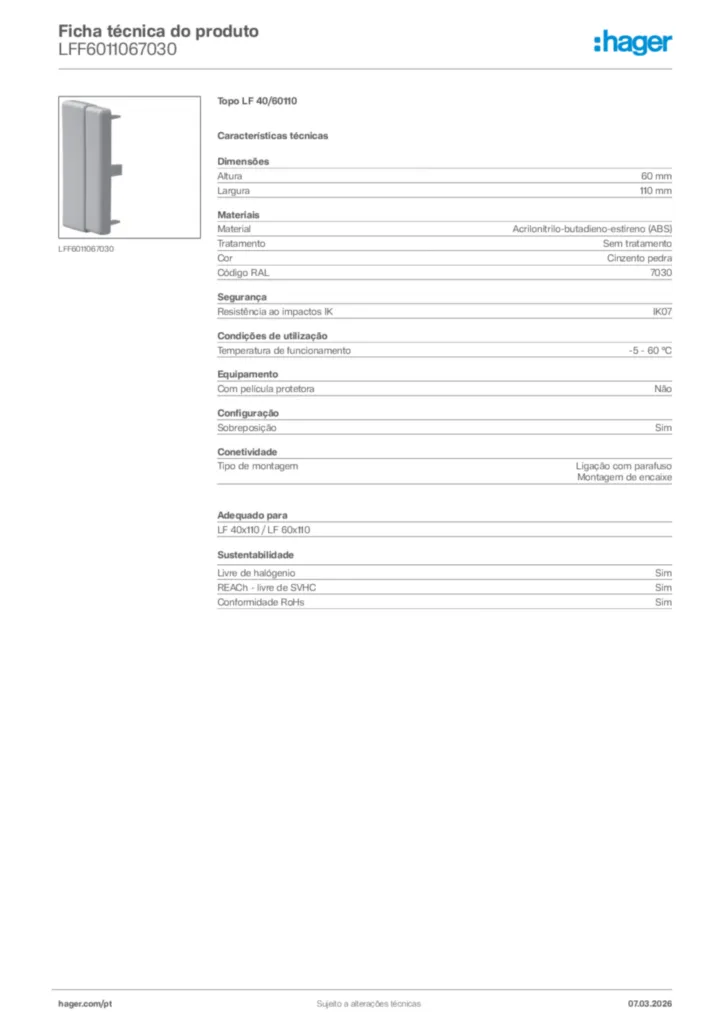 Imagem Hager Ficha técnica do produto LFF6011067030 | Hager Portugal
