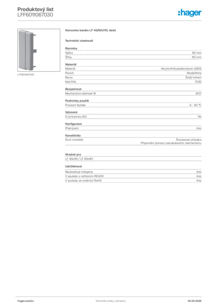Obrázek Hager Product data sheet LFF6011067030 | Hager