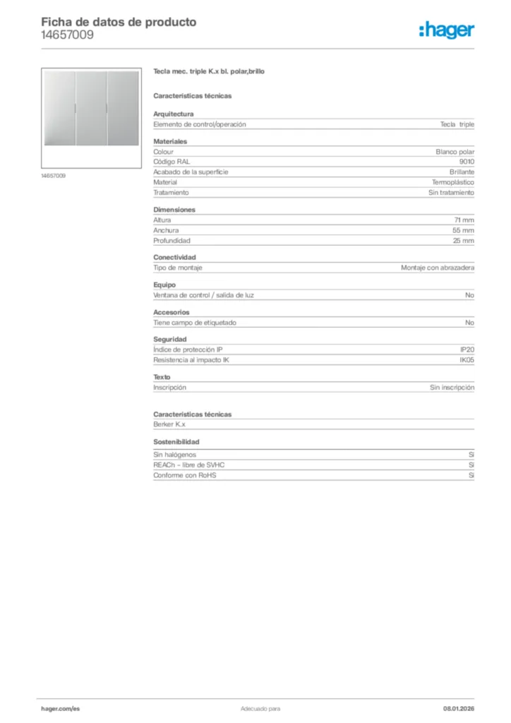 Imagen Hager Ficha de datos de producto 14657009 | Hager España