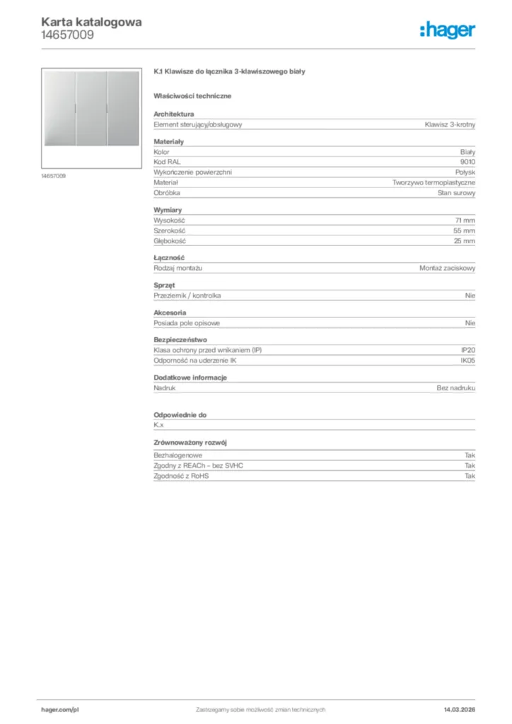 Zdjęcie Hager Karta katalogowa 14657009 | Hager Polska