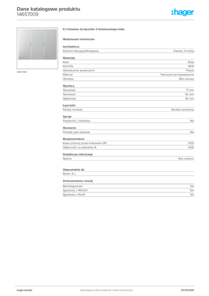 Zdjęcie Hager Karta katalogowa 14657009 | Hager Polska