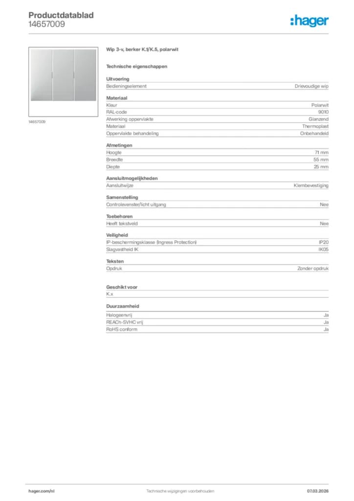 Afbeelding Hager Productdatablad 14657009 | Hager Nederland