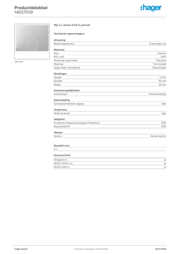 Afbeelding Hager Productdatablad 14657009 | Hager Nederland