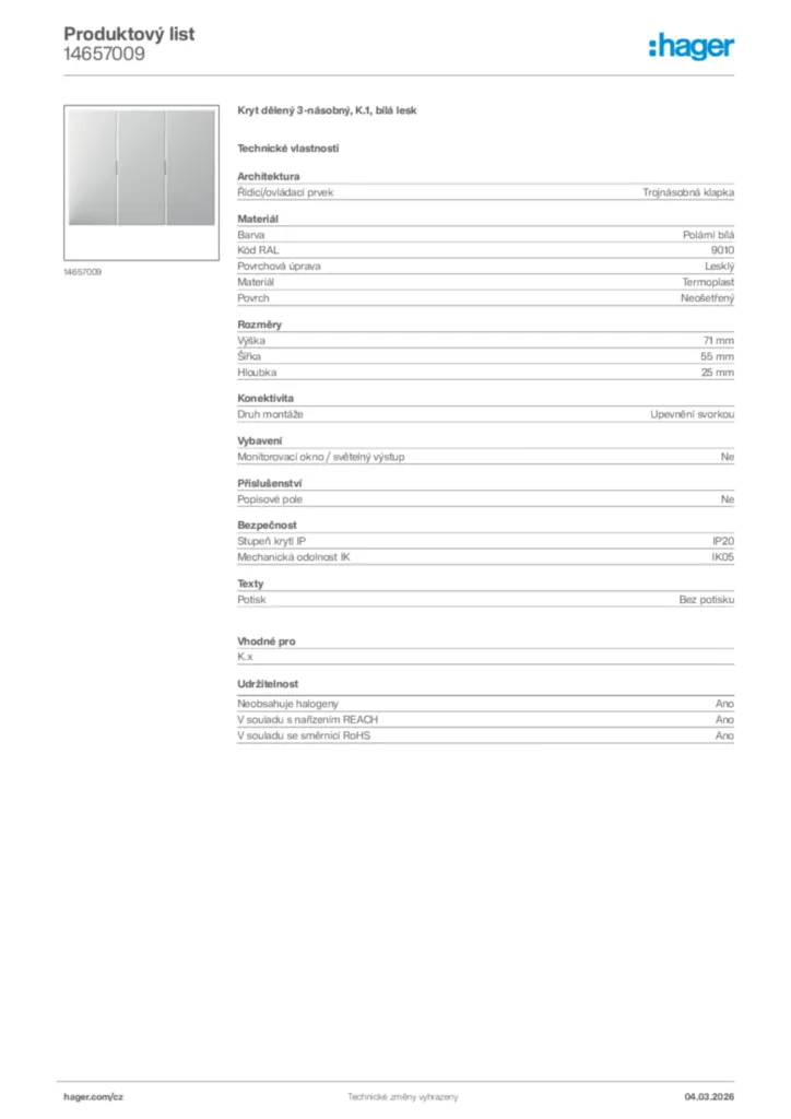 Obrázek Hager Product data sheet 14657009 | Hager