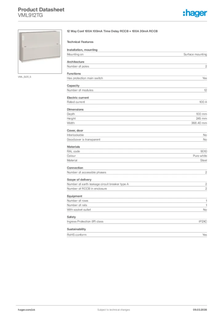 Image Hager Product data sheet VML912TG  | Hager