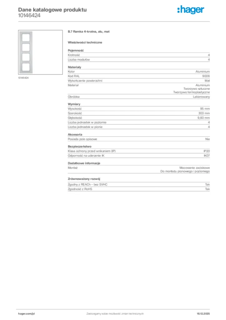 Zdjęcie Hager Karta katalogowa 10146424 | Hager Polska