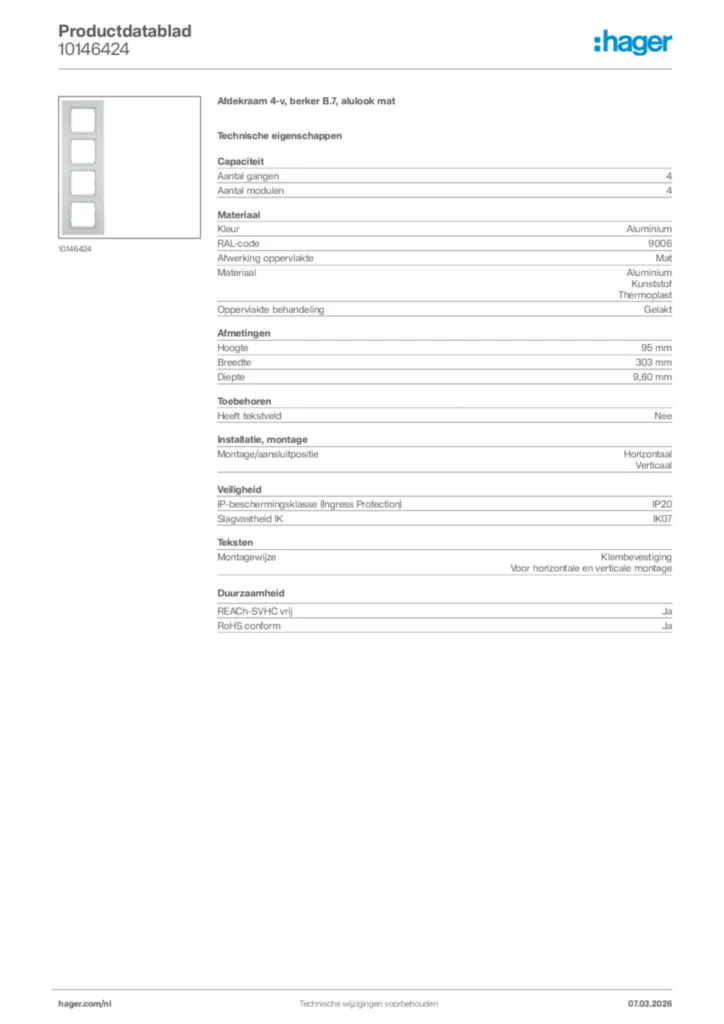 Afbeelding Hager Productdatablad 10146424 | Hager Nederland