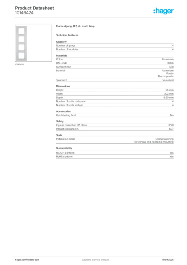 Image Hager Product data sheet 10146424  | Hager