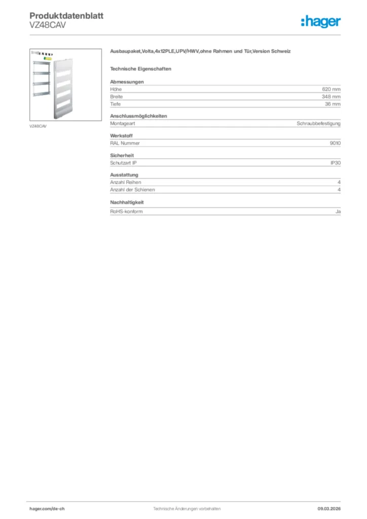 Bild Hager Produktdatenblatt VZ48CAV | Hager Schweiz