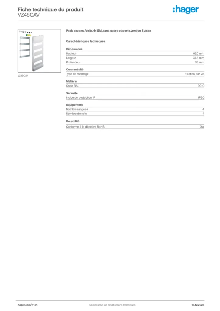 Image Hager Fiche technique du produit VZ48CAV | Hager Suisse