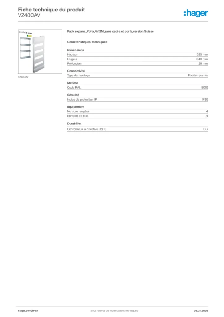 Image Hager Fiche technique du produit VZ48CAV | Hager Suisse