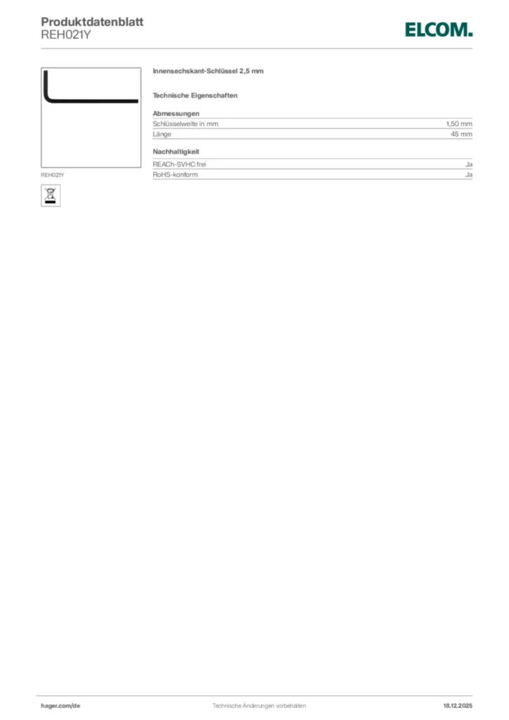 Bild Elcom Produktdatenblatt REH021Y | Hager Deutschland