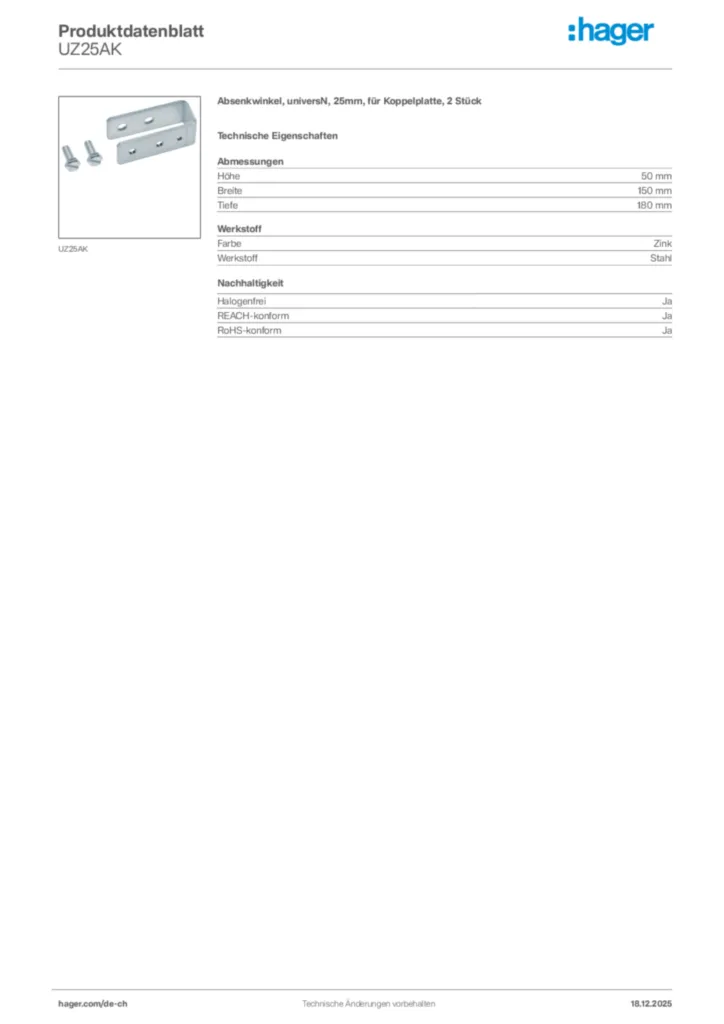 Bild Hager Produktdatenblatt UZ25AK | Hager Schweiz