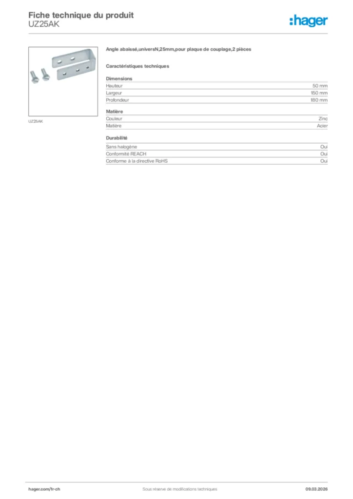 Image Hager Fiche technique du produit UZ25AK | Hager Suisse