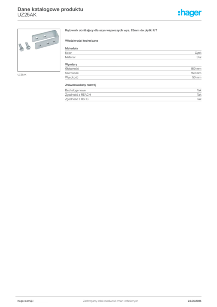 Zdjęcie Hager Karta katalogowa UZ25AK | Hager Polska