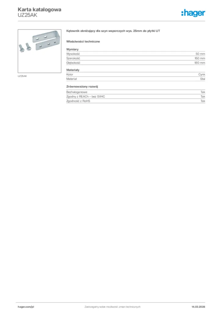 Zdjęcie Hager Karta katalogowa UZ25AK | Hager Polska