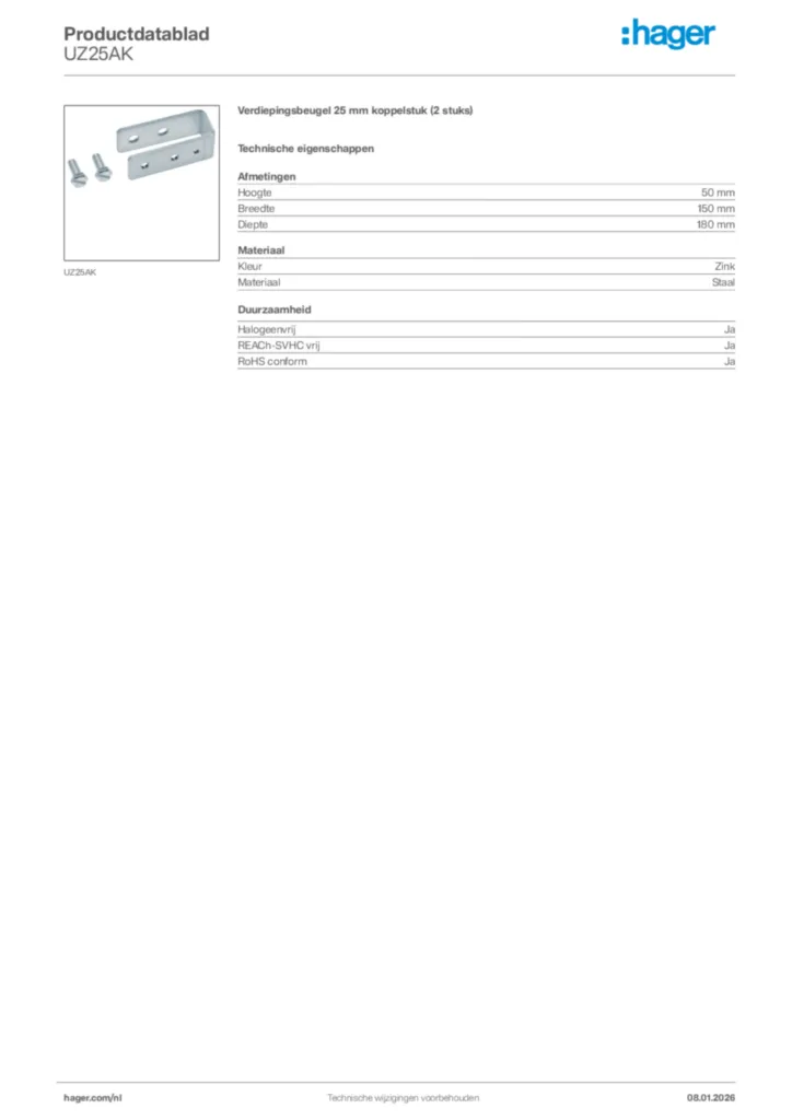 Afbeelding Hager Productdatablad UZ25AK | Hager Nederland