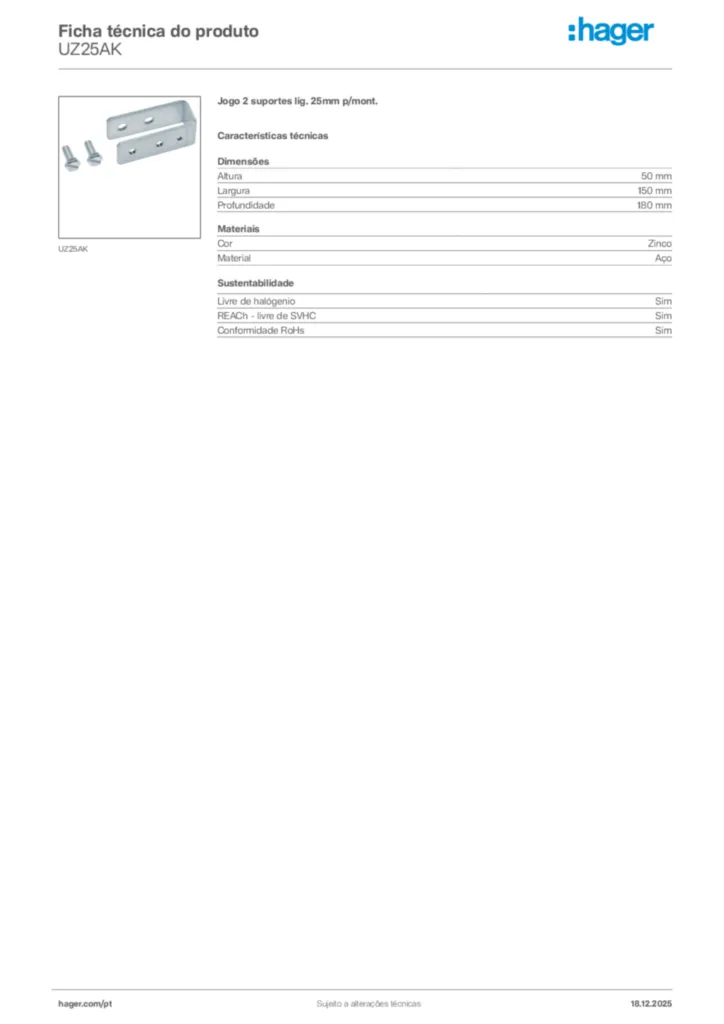 Imagem Hager Ficha técnica do produto UZ25AK | Hager Portugal