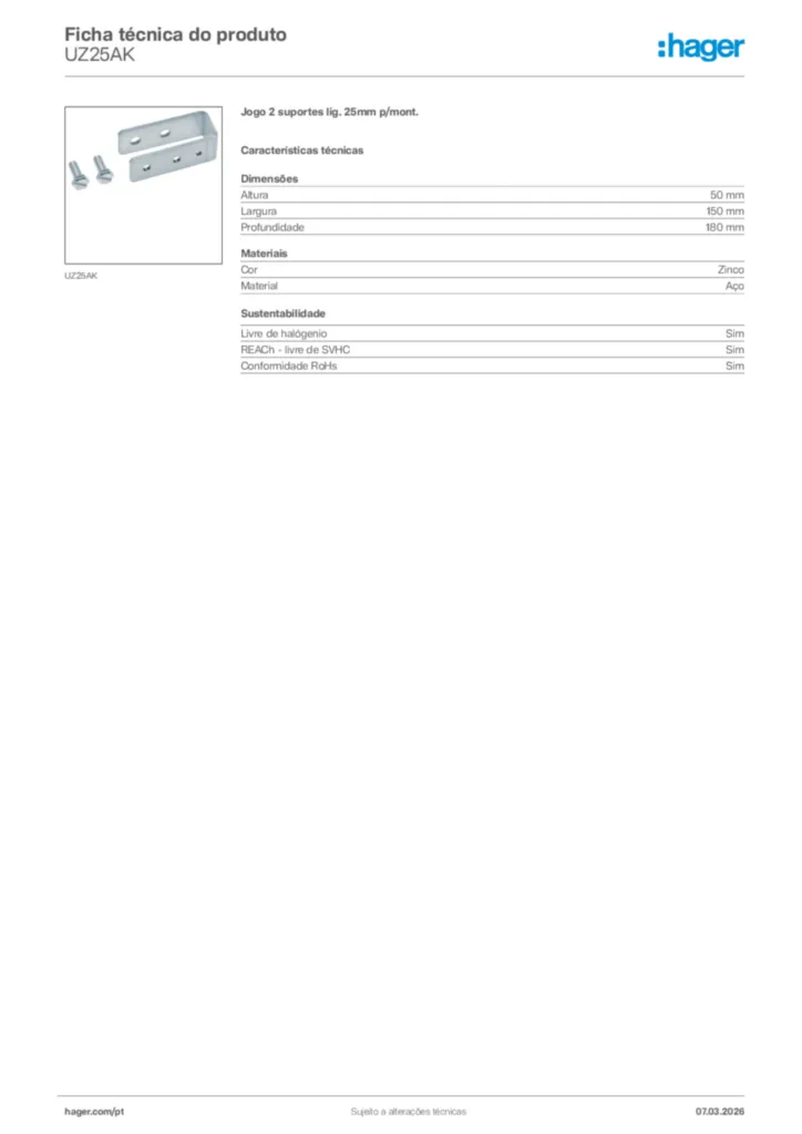 Imagem Hager Ficha técnica do produto UZ25AK | Hager Portugal
