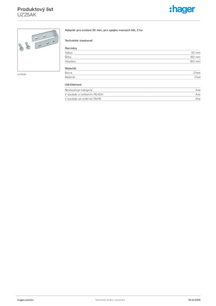 Obrázek Hager Produktový list UZ25AK | Hager