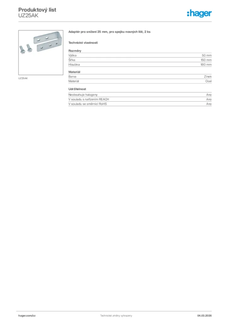 Obrázek Hager Product data sheet UZ25AK | Hager