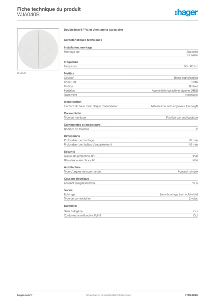 Image Hager Fiche technique du produit WJA040B | Hager France