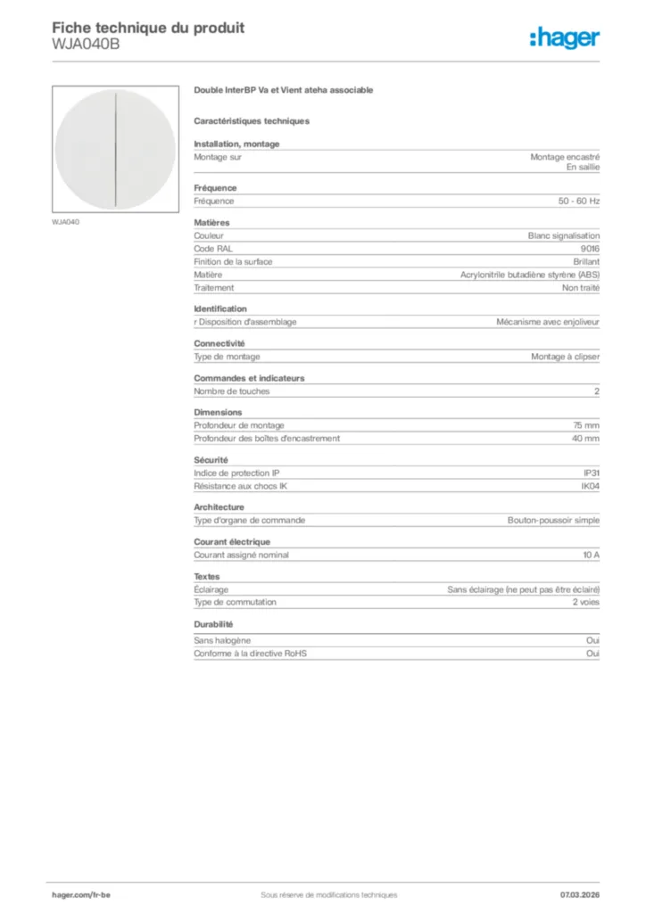 Image Hager Fiche technique du produit WJA040B | Hager Belgique