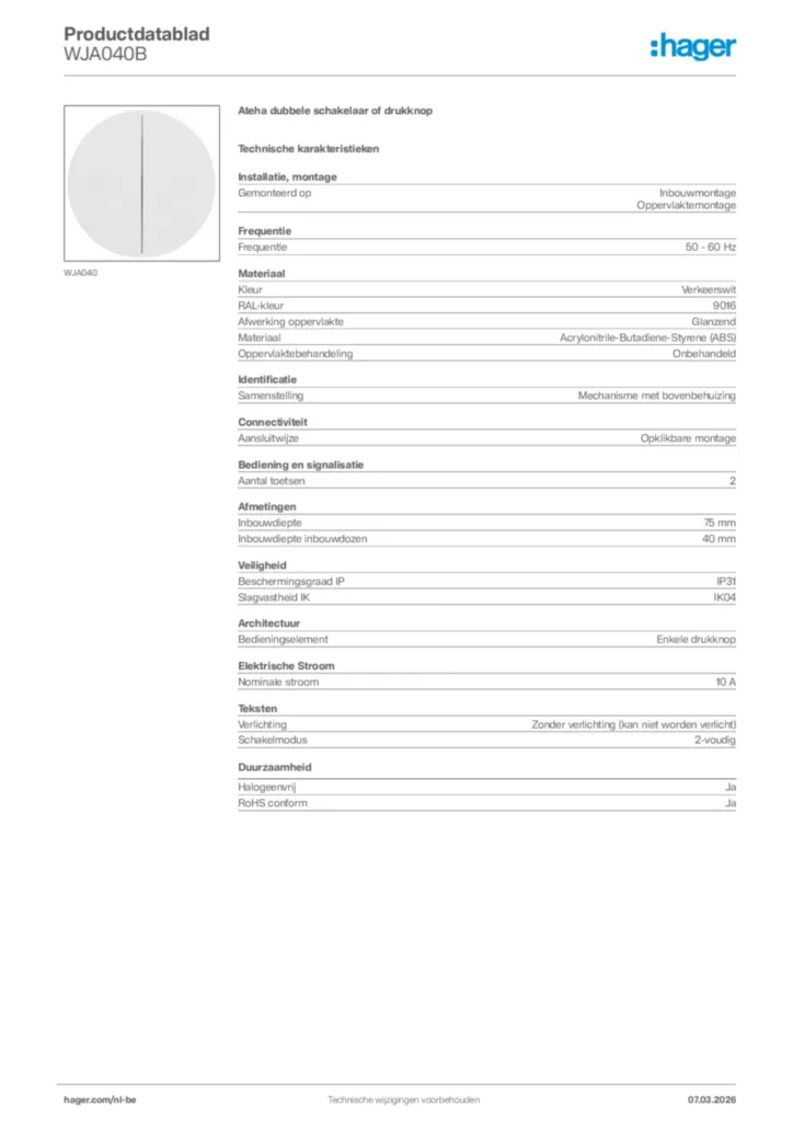 Afbeelding Hager Productdatablad WJA040B | Hager Belgium