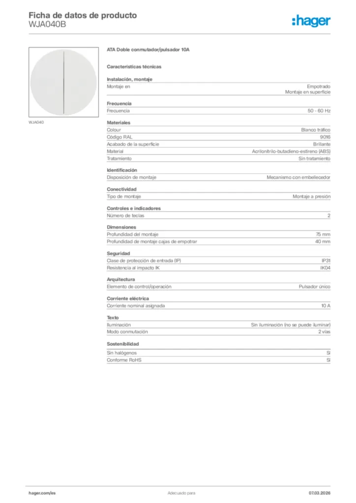 Imagen Hager Ficha de datos de producto WJA040B | Hager España