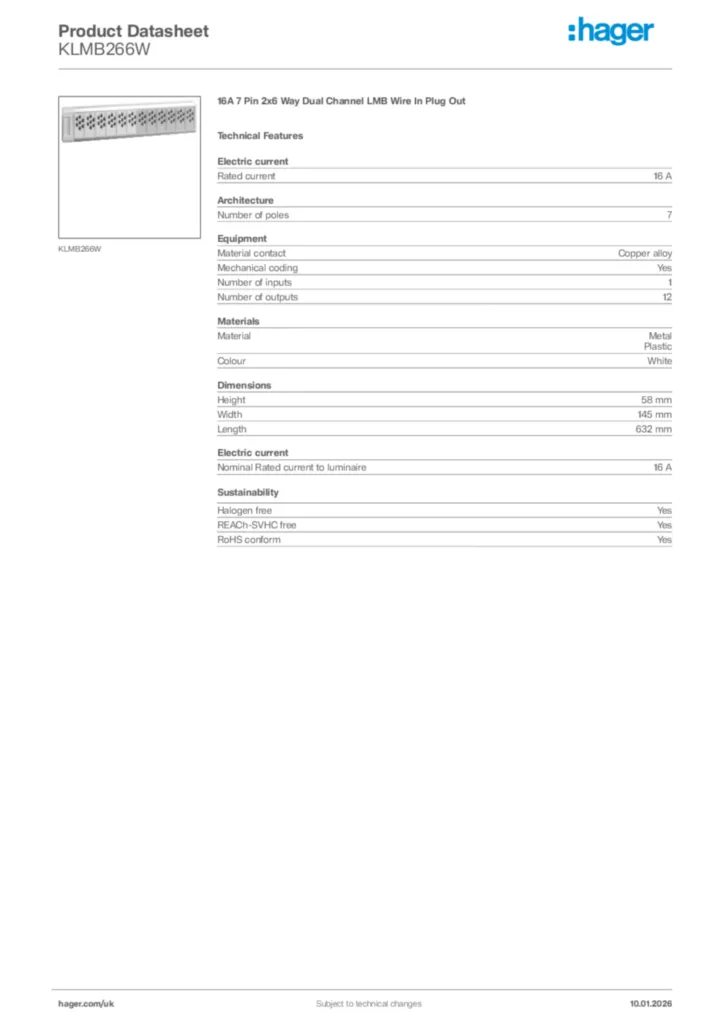 Image Hager Product data sheet KLMB266W  | Hager
