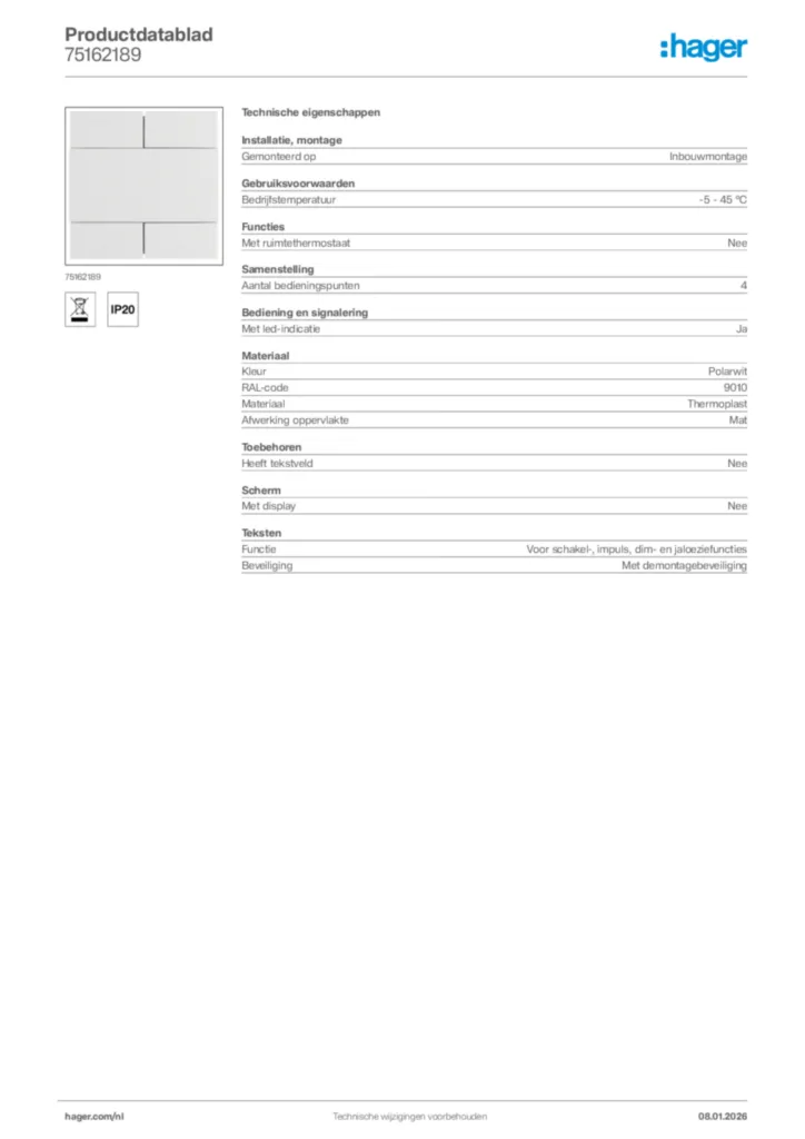 Afbeelding Hager Productdatablad 75162189 | Hager Nederland
