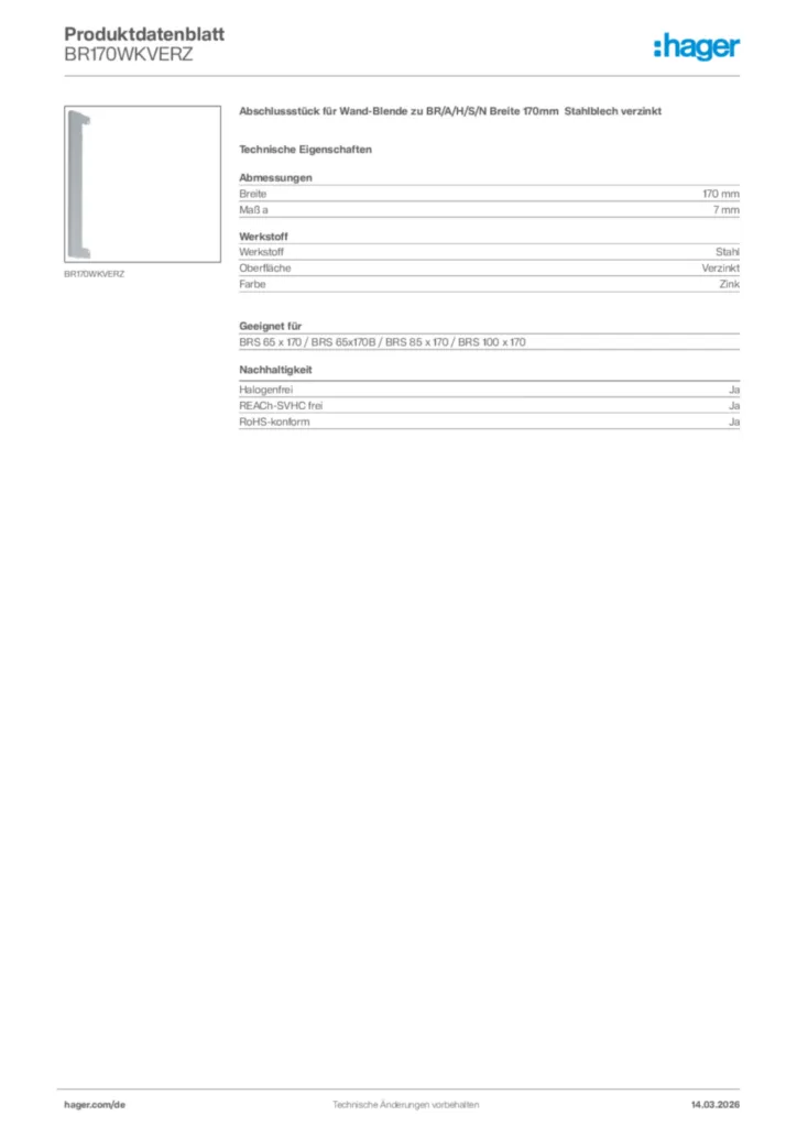 Bild Hager Produktdatenblatt BR170WKVERZ | Hager Deutschland