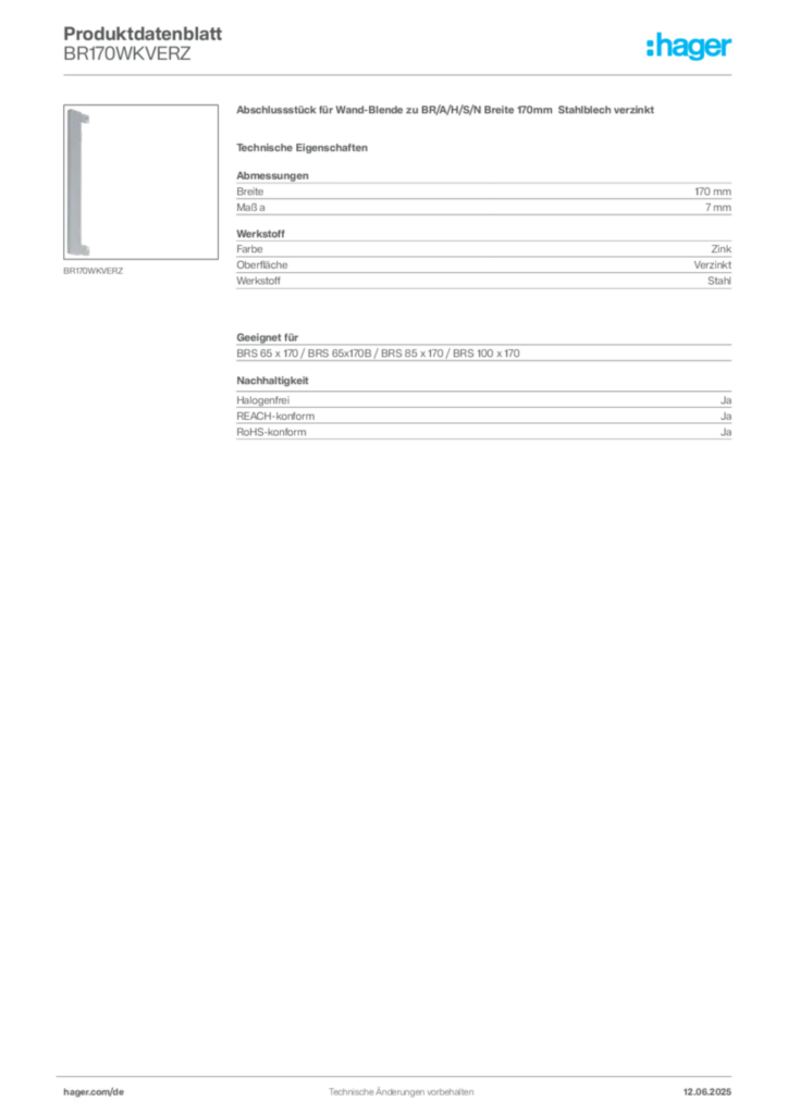 Bild Hager Produktdatenblatt BR170WKVERZ | Hager Deutschland