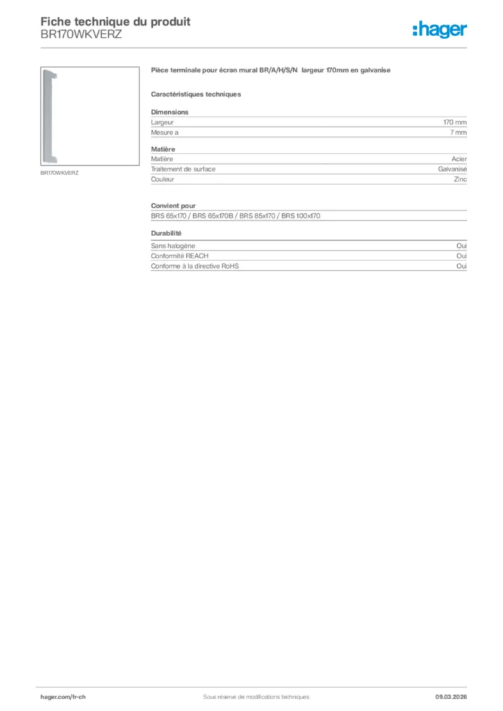 Image Hager Fiche technique du produit BR170WKVERZ | Hager Suisse