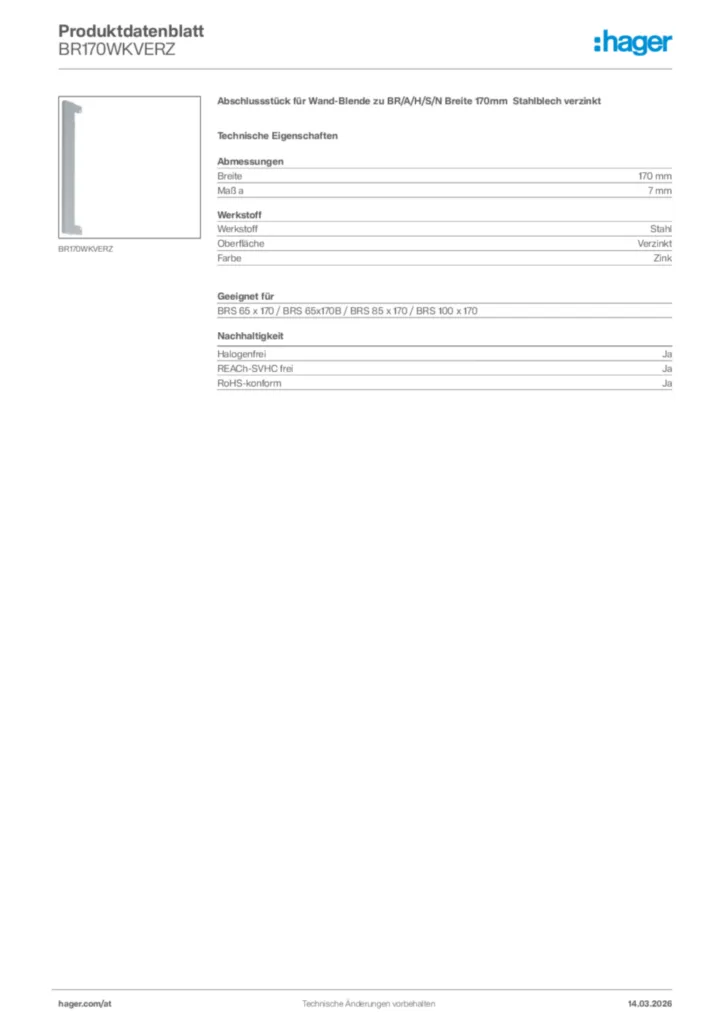 Bild Hager Produktdatenblatt BR170WKVERZ | Hager Deutschland