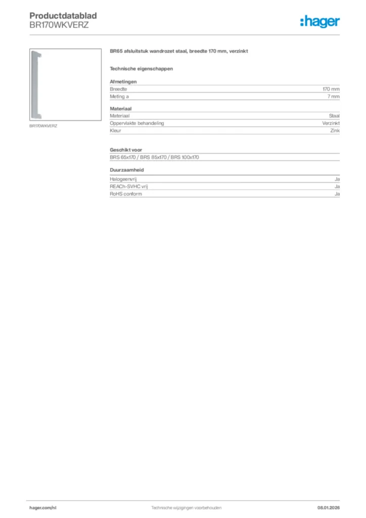 Afbeelding Hager Productdatablad BR170WKVERZ | Hager Nederland