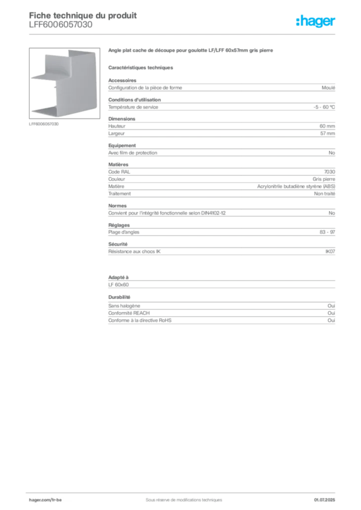 Image Hager Fiche technique du produit LFF6006057030 | Hager Belgique