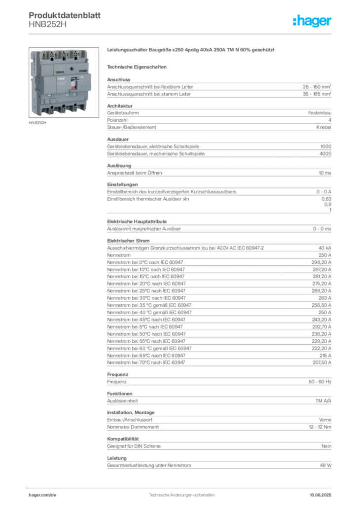 Bild Hager Produktdatenblatt HNB252H | Hager Deutschland