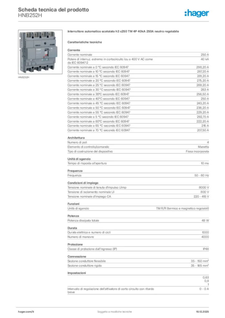 Immagine Hager Scheda tecnica del prodotto HNB252H | Hager Italia