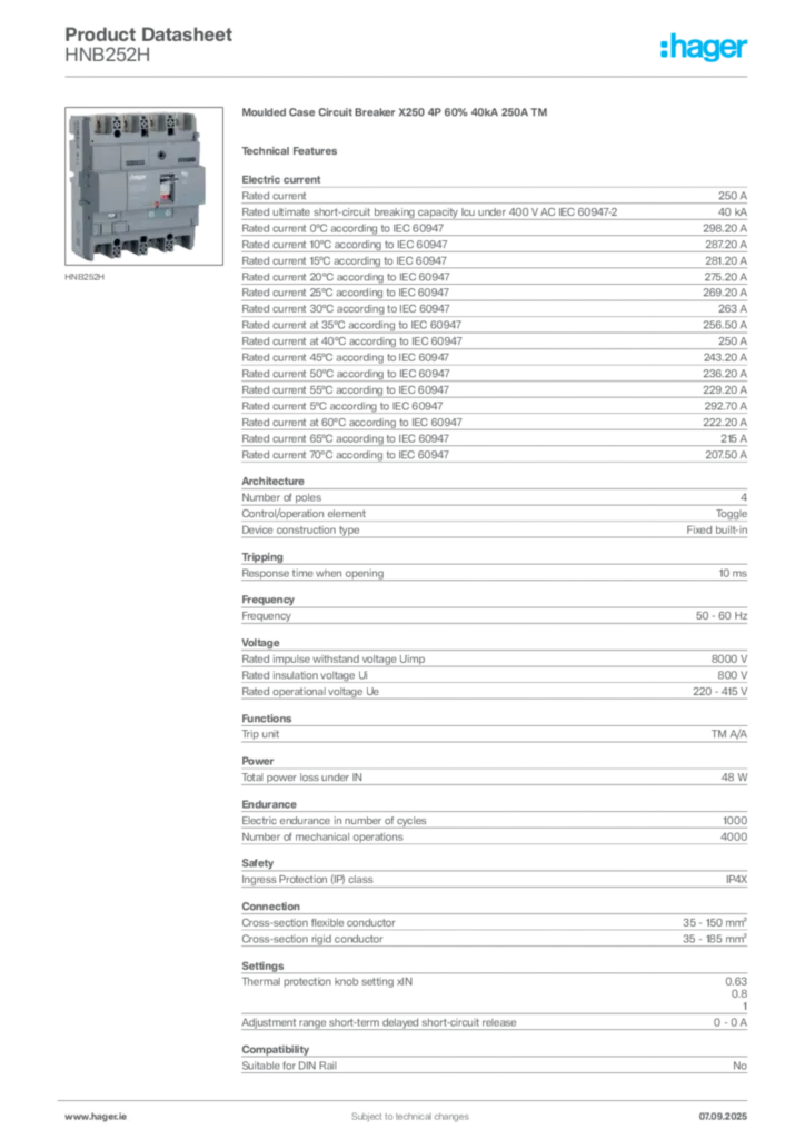 Image Hager Product data sheet HNB252H  | Hager