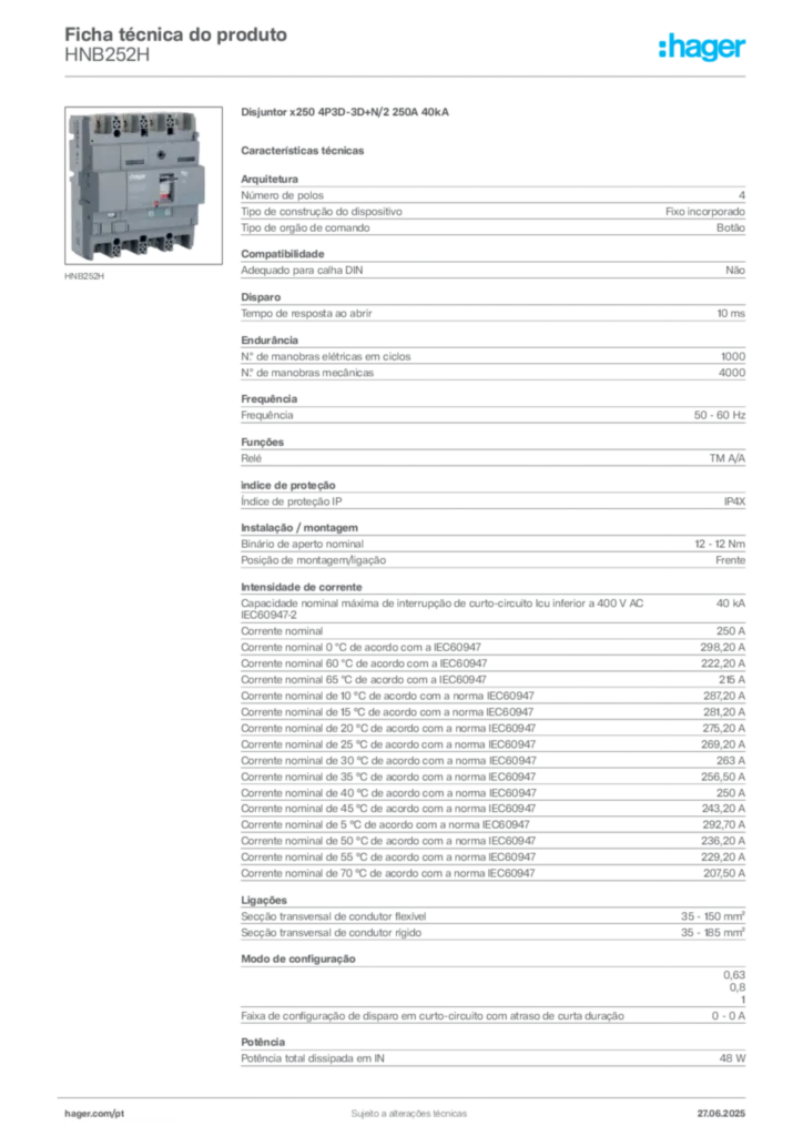 Imagem Hager Ficha técnica do produto HNB252H | Hager Portugal