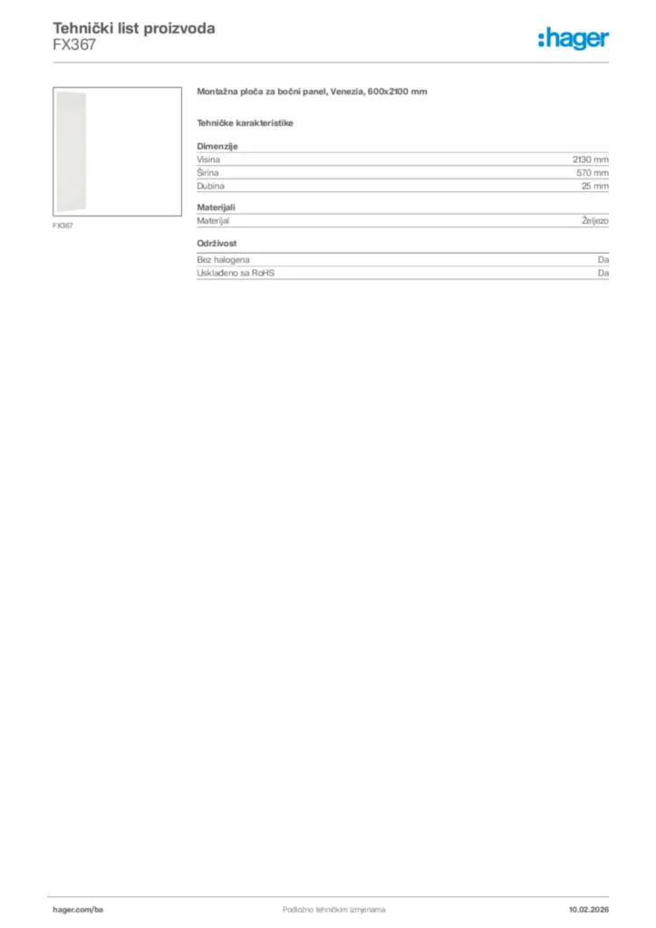 Slika Hager Tehnički list proizvoda FX367  | Hager