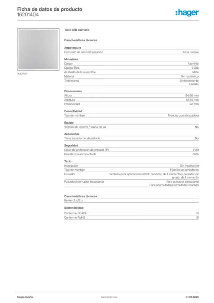 Imagen Hager Ficha de datos de producto 16201404 | Hager España