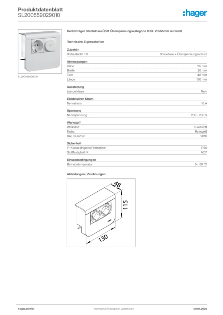 Bild Hager Produktdatenblatt SL200559029010 | Hager Deutschland