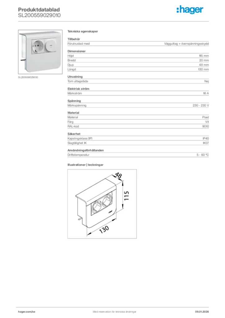Bild Hager Produktdatablad SL200559029010 | Hager Sverige