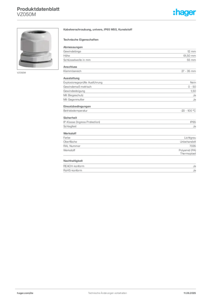 Hager Produktdatenblatt VZ050M