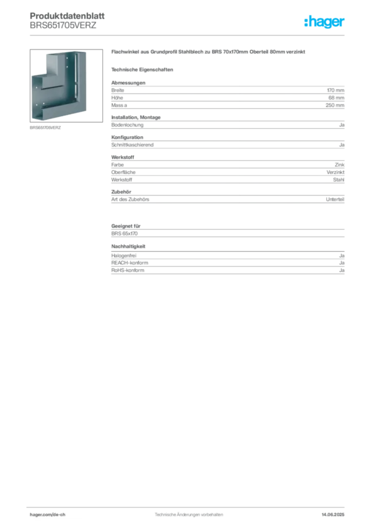 Bild Hager Produktdatenblatt BRS651705VERZ | Hager Schweiz