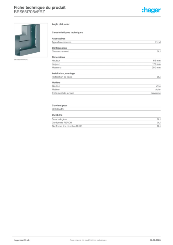 Image Hager Fiche technique du produit BRS651705VERZ | Hager Suisse